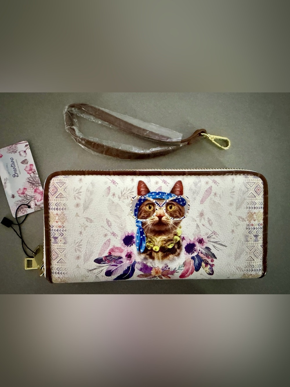 Brentano Cat with Glasses Double Zippy Long Wallet / Wristlet NWT